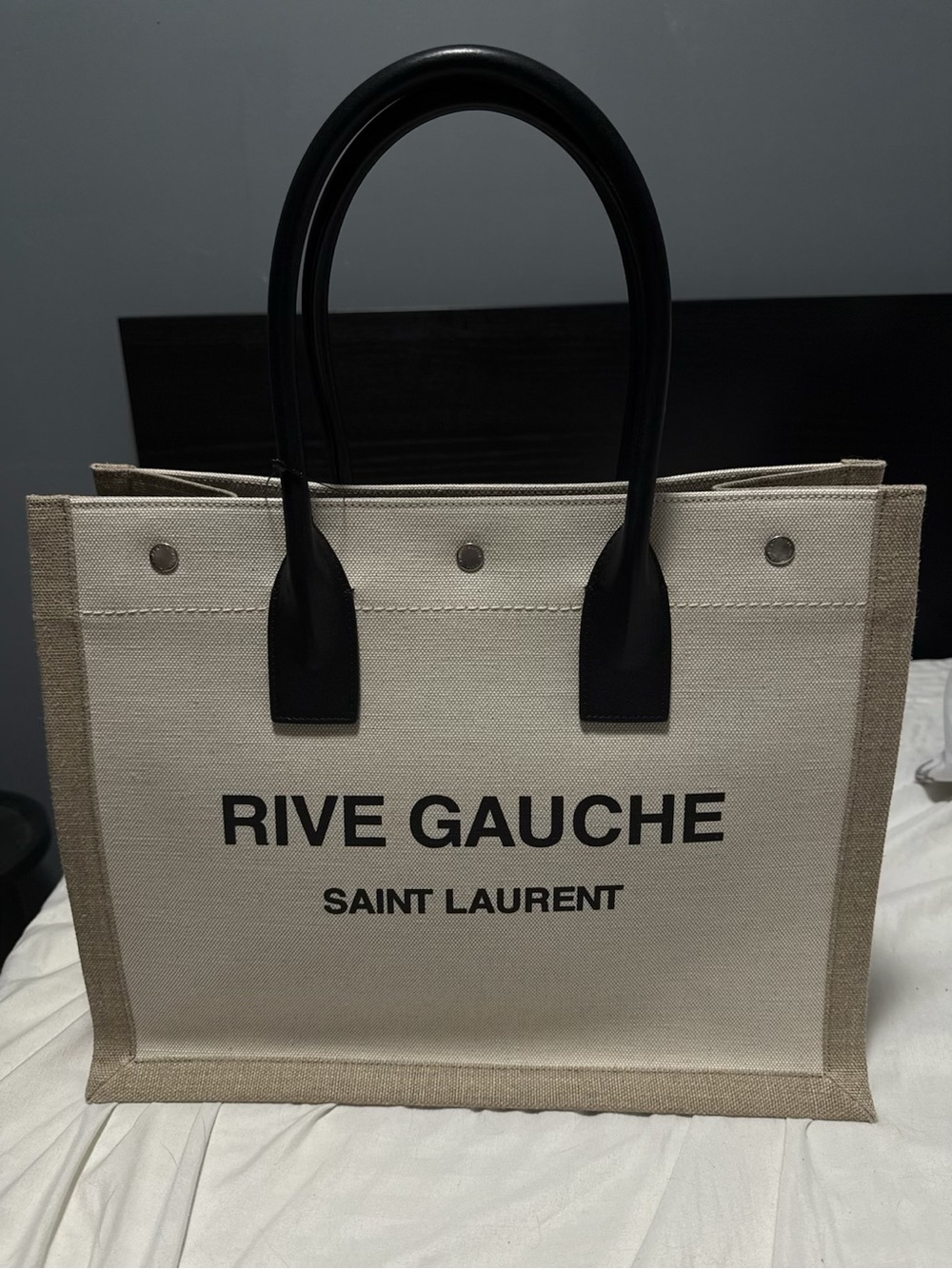 YSL Rive Gauche Canvas Tote in Beige with Black Handles